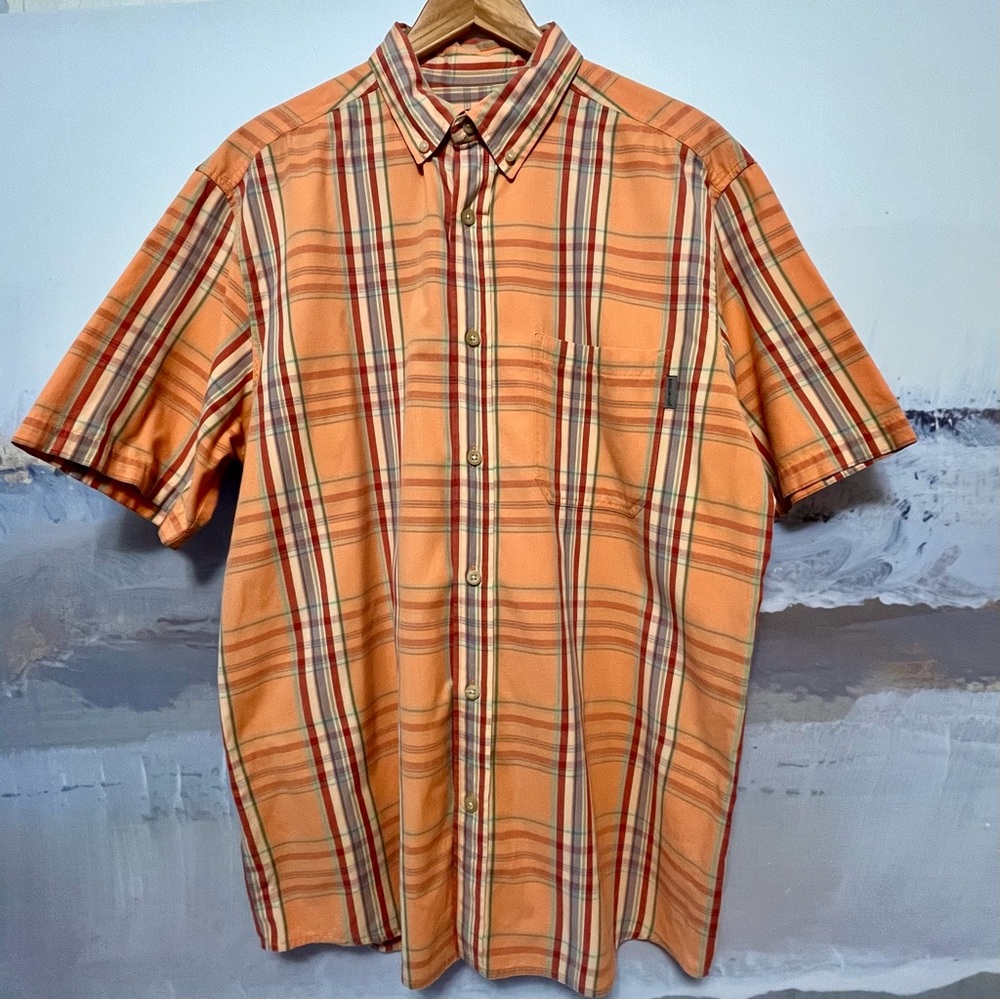 WOOLRICH Button Down Short Sleeve Cotton Shirt Mens L Orange Green‎ Plaid FALL